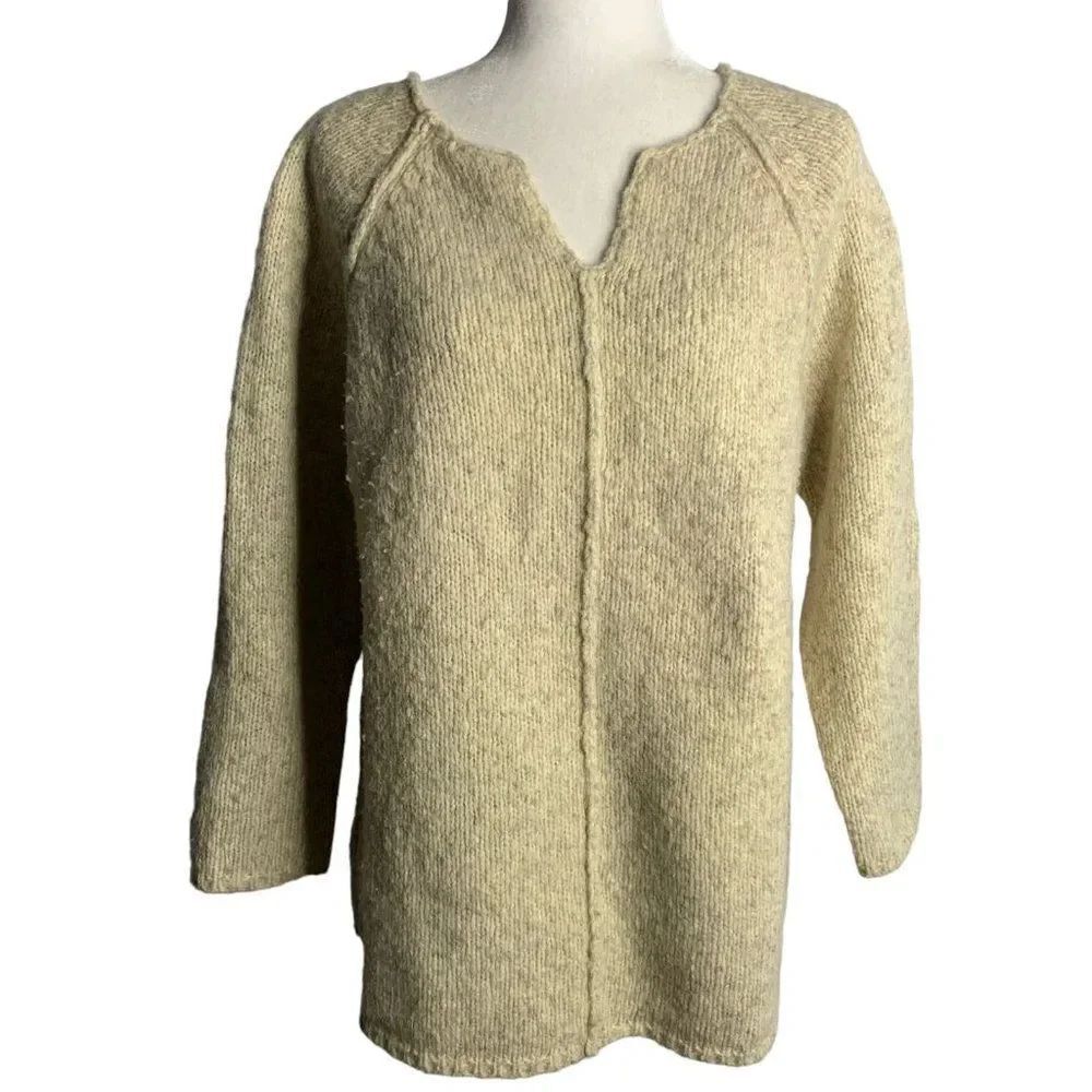 Vintage 90s DKNY Wool Chunky Knit Sweater S Beige Pullover V Neck Raglan Sleeves